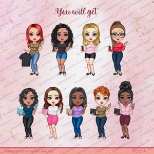 May include: A digital illustration of ten cartoon women with different hairstyles, skin tones, and outfits. The women are holding various items, including coffee cups, books, and makeup brushes. The text "You will get" is displayed at the top of the image.