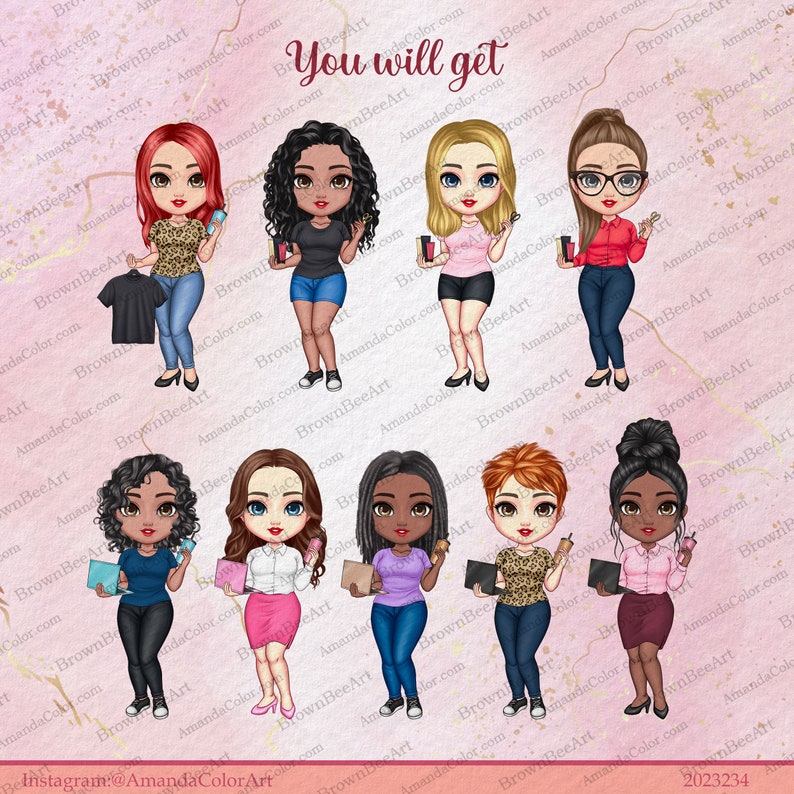May include: A digital illustration of ten cartoon women with different hairstyles, skin tones, and outfits. The women are holding various items, including coffee cups, books, and makeup brushes. The text "You will get" is displayed at the top of the image.