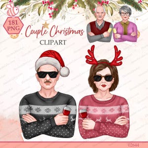 May include: Digital illustration of a couple wearing Christmas sweaters and sunglasses. One figure wears a Santa hat, the other red reindeer antlers. Both hold wine glasses. Text includes 181 PNG and Couple Christmas CLIPART.