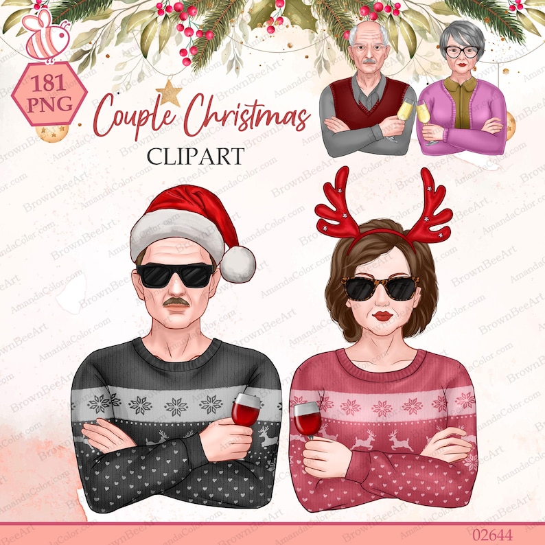 May include: Digital illustration of a couple wearing Christmas sweaters and sunglasses. One figure wears a Santa hat, the other red reindeer antlers. Both hold wine glasses. Text includes 181 PNG and Couple Christmas CLIPART.