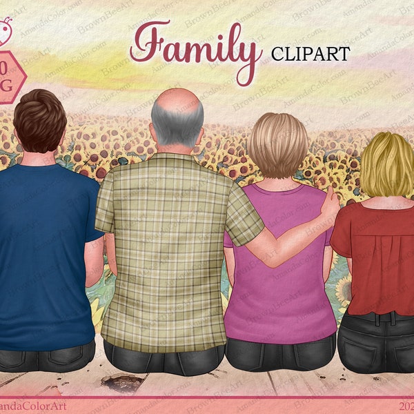 Sitting Family clipart, Custom Family Portrait, father clipart, mother clipart, sunflower clipart