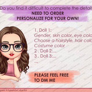 Puede incluir: Ilustraci&oacute;n de una mujer de dibujos animados con gafas, cabello casta&ntilde;o y una camisa rosa. El texto en la imagen dice: "&iquest;Te resulta dif&iacute;cil completar los detalles? &iquest;Necesitas pedir? &iexcl;Personaliza para ti!" y "Por favor, no dudes en enviarme un DM."
