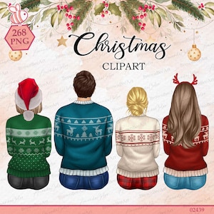 May include: A digital clipart set of four people wearing Christmas sweaters. The sweaters are red, green, blue, and white with various Christmas designs. The people are all smiling and looking at the camera. The text "Christmas Clipart" is written in a festive font at the top of the image.
