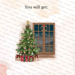 May include: A Christmas tree decorated with colorful ornaments and lights stands next to a window with a wreath on the outside. The window is open and shows a snowy landscape outside. There are wrapped presents under the tree.