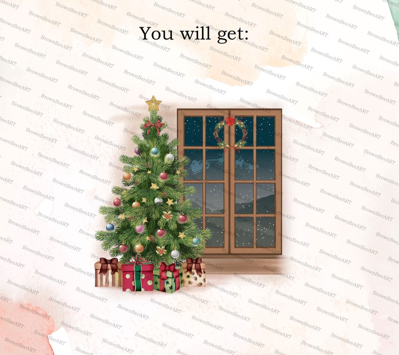 May include: A Christmas tree decorated with colorful ornaments and lights stands next to a window with a wreath on the outside. The window is open and shows a snowy landscape outside. There are wrapped presents under the tree.