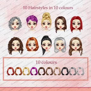 May include: 10 different hairstyles in 10 different colors. Each hairstyle is a cartoon illustration of a girl's face with a different hairstyle and hair color. The text "10 Hairstyles in 10 colours" is at the top of the image. The text "10 colours" is at the bottom of the image.