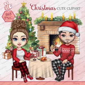 Christmas Couples Clipart, Merry Christmas, Winter Lover, Romantic Family Couple, Chibi clipart, Customizable clipart