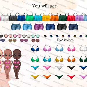 May include: A digital illustration of a customizable avatar with various clothing options, including tops, shorts, sunglasses, and swimwear. The avatar has different skin tones and eye colors. You will get: Eye colors