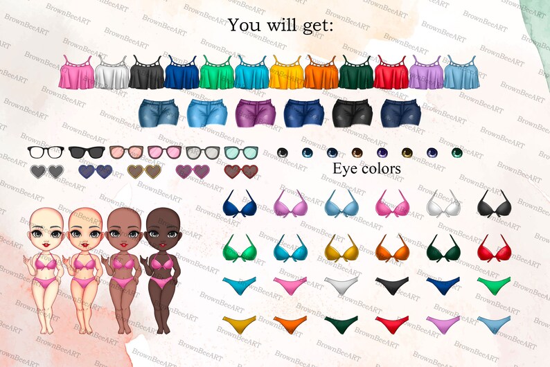 May include: A digital illustration of a customizable avatar with various clothing options, including tops, shorts, sunglasses, and swimwear. The avatar has different skin tones and eye colors. You will get: Eye colors