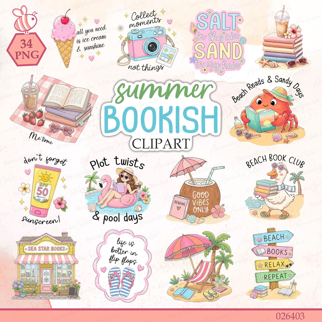 Summer Bookish Girl PNG Bundle | Books & Beaches Clipart Collection ...