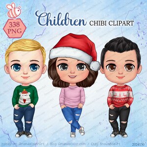 Op de afbeelding: Drie kinderen in chibi-stijl die kersttruien dragen. Een jongen in een groene trui met een witte ijsbeer, een meisje in een roze trui met een rode kerstmanmuts en een jongen in een rode trui met een rendiermotief.