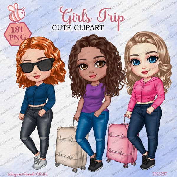 Girls Trip clipart, Suitcase clipart, Cute clipart, Best friend clipart, Sister clipart, bestie clipart, Personalized Chibi clipart