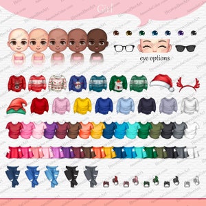 Op de afbeelding: Een digitale illustratie van een kleding- en accessoireset voor meisjes. De set bevat een verscheidenheid aan truien, shirts, rokken, broeken, hoeden en schoenen. De illustratie is in cartoon-stijl en heeft felle kleuren.