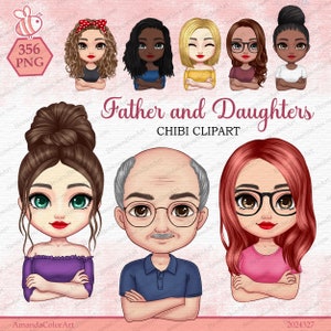 Father and Daughters clipart, Father’s day clipart, Man with arms crossed, Woman with arms crossed, Chibi clipart, Dad clipart