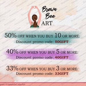 May include: A watercolor illustration of a woman with her arms raised in a heart shape. The text "Brown Bee ART" is written in a stylized font. The image includes a discount offer with the text "50% OFF WHEN YOU BUY 10 OR MORE: Discount promo code: 50GIFT", "40% OFF WHEN YOU BUY 5 OR MORE: Discount promo code: 40GIFT", and "33% OFF WHEN YOU BUY 3 OR MORE: Discount promo code: 33GIFT". The text "Instagram @AmandaColorArt" is at the bottom of the image.