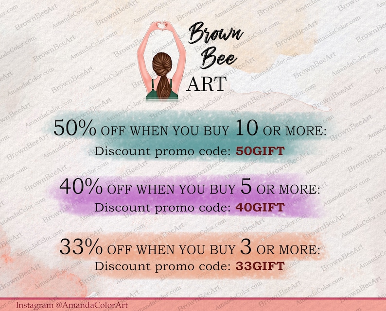 May include: A watercolor illustration of a woman with her arms raised in a heart shape. The text "Brown Bee ART" is written in a stylized font. The image includes a discount offer with the text "50% OFF WHEN YOU BUY 10 OR MORE: Discount promo code: 50GIFT", "40% OFF WHEN YOU BUY 5 OR MORE: Discount promo code: 40GIFT", and "33% OFF WHEN YOU BUY 3 OR MORE: Discount promo code: 33GIFT". The text "Instagram @AmandaColorArt" is at the bottom of the image.
