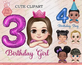 Birthday Chibi Clipart: Children PNG Graphics (Digital Download)