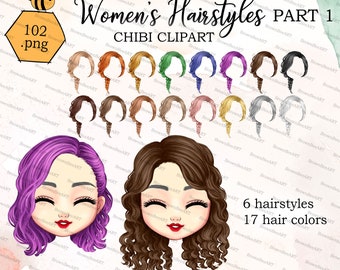 Chibi Women's Hairstyles Clipart: PNG Graphics (Digital Download)