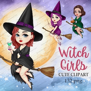 Clipart de bruxas adoráveis em vassouras com bebidas, vassoura voadora, bastão de fada, clipart de amigo, clipart de bestie, coleção de clipart de Halloween