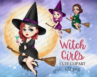Halloween Witches Clipart: Flying Broomstick Graphics (132 PNG)