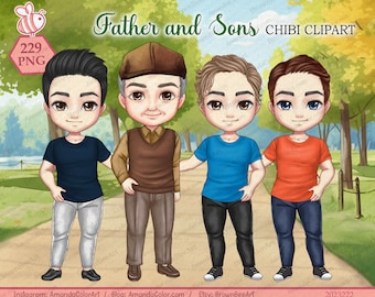 Father and Sons Chibi Clipart: Dad & Grandfather PNG (Digital Download)