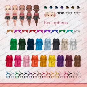 May include: A digital illustration of a customizable doll with various clothing, hair, and eye options. The doll has brown skin, black hair, and is wearing a pink tank top, black shorts, and black boots. The image includes a variety of clothing options, including dresses, shirts, and skirts, in various colors. The image also includes a variety of hair styles, eye colors, and accessories.