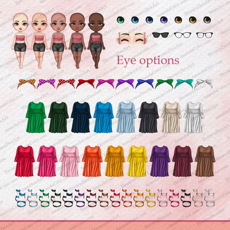 May include: A digital illustration of a customizable doll with various clothing, hair, and eye options. The doll has brown skin, black hair, and is wearing a pink tank top, black shorts, and black boots. The image includes a variety of clothing options, including dresses, shirts, and skirts, in various colors. The image also includes a variety of hair styles, eye colors, and accessories.