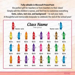 Puede incluir: Un recuerdo de clase personalizable con ilustraciones de crayones de colores. El dise&ntilde;o incluye espacio para el nombre de la clase, el grupo de edad, el nombre del profesor y los nombres de los alumnos. Texto editable en PowerPoint.