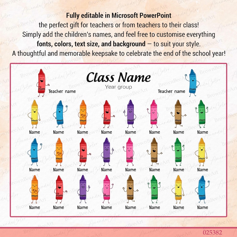 Puede incluir: Un recuerdo de clase personalizable con ilustraciones de crayones de colores. El dise&ntilde;o incluye espacio para el nombre de la clase, el grupo de edad, el nombre del profesor y los nombres de los alumnos. Texto editable en PowerPoint.