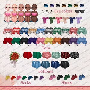 May include: A digital illustration of clothing and accessories for customizing a character. The image includes a variety of tops, bottoms, socks, shoes, eye colors, and glasses. The text "Eye colors", "Tops", "Bottoms", "Socks", and "Shoes" is included in the image.