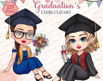 Graduation Chibi Clipart: Female Students (PNG Digital Download)