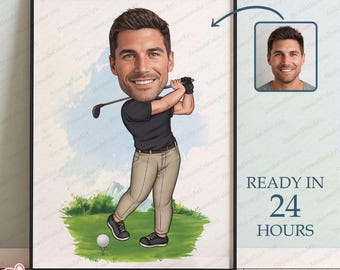 Cartoon Golfer Portrait, Custom Golfer, Cartoon from photo, Golf gifts, Golfer Cartoon Drawing