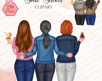May include: Three women friends standing together, wearing denim jackets and jeans. The woman on the left is holding a cocktail, the woman in the middle has her arm around the woman on the right, and the woman on the right is holding a cupcake.