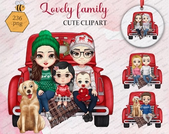 Christmas Family Chibi Clipart, Sweater Outfits (PNG Digital Download)