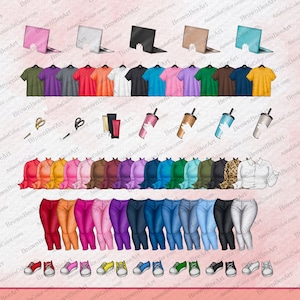 May include: A digital illustration of a variety of clothing items, including t-shirts, blouses, jeans, and shoes. The items are arranged in rows and columns, and each item is a different color. The illustration is set against a pink background.