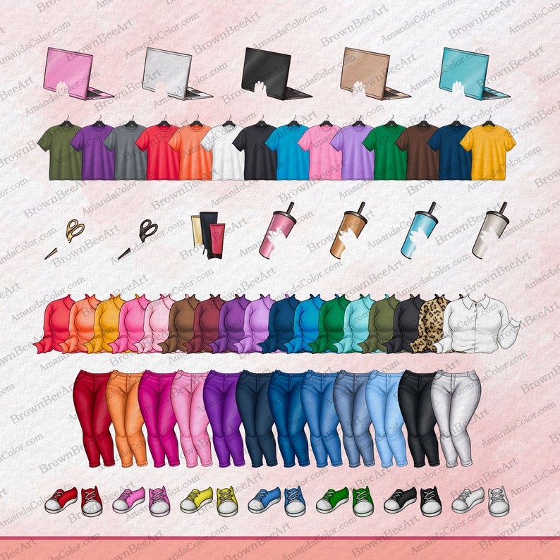 May include: A digital illustration of a variety of clothing items, including t-shirts, blouses, jeans, and shoes. The items are arranged in rows and columns, and each item is a different color. The illustration is set against a pink background.