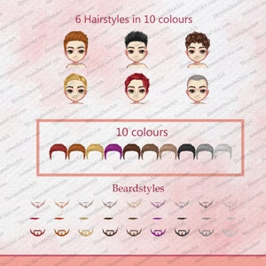 May include: A digital illustration of six different hairstyles in ten colors. The hairstyles are for a cartoon character. The colors include red, orange, yellow, green, blue, purple, brown, black, gray, and white. The illustration also includes ten different beard styles in the same ten colors.