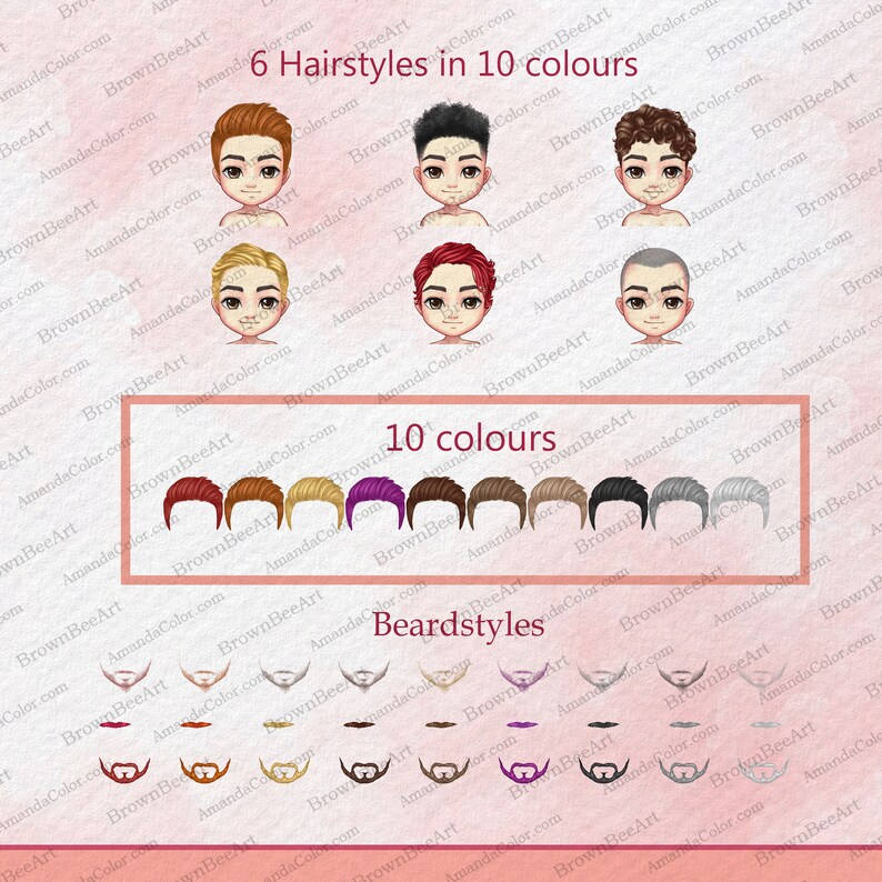 May include: A digital illustration of six different hairstyles in ten colors. The hairstyles are for a cartoon character. The colors include red, orange, yellow, green, blue, purple, brown, black, gray, and white. The illustration also includes ten different beard styles in the same ten colors.