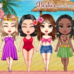 Besties clipart, Hawaii Clipart, Beach png, Summer clipart, Friend clipart, Chibi clipart, Beach Tropical, Sisters png