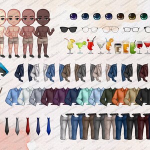 Puede incluir: Un conjunto de ilustraciones digitales de elementos de avatar masculino personalizables. El conjunto incluye varios peinados, tonos de piel, rasgos faciales, ropa, accesorios y bebidas.
