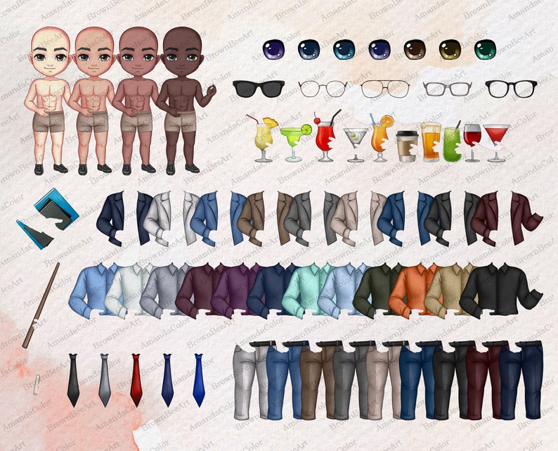 Puede incluir: Un conjunto de ilustraciones digitales de elementos de avatar masculino personalizables. El conjunto incluye varios peinados, tonos de piel, rasgos faciales, ropa, accesorios y bebidas.