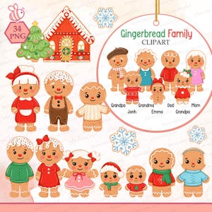 May include: A collection of gingerbread-themed clipart illustrations. The image includes a gingerbread house, Christmas tree, snowflakes, and various gingerbread people representing a family. The text "Gingerbread Family CLIPART" is also present.