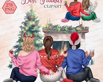 Christmas Best friends clipart, Bestie clipart, Sitting clipart, Soul sisters clipart, Winter clipart, Personalized Illustration