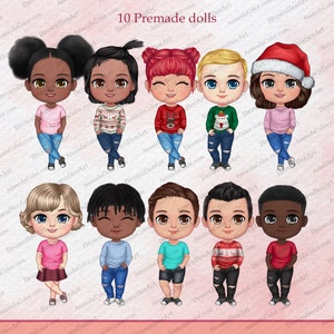 Op de afbeelding: Tien digitale illustraties van voorgemaakte poppen met verschillende kapsels, kleding en huidtinten. De poppen dragen een verscheidenheid aan outfits, waaronder truien, jeans en shirts. De poppen lachen allemaal en hebben een vrolijke uitdrukking.