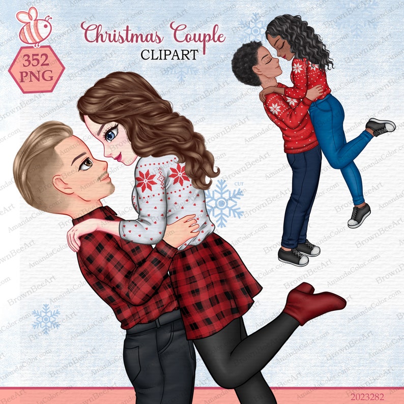 Op de afbeelding: Een digitale illustratie van een stel in een kerstthema omhelzing. De vrouw draagt een rood-wit geruite rok en een witte trui met rode sneeuwvlokken. De man draagt een rood-zwart geruit overhemd en een zwarte spijkerbroek. De achtergrond is lichtblauw met sneeuwvlokken.