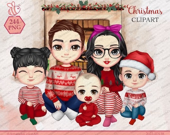 Christmas Family Chibi Clipart: Sweater Outfits (PNG Digital Download)