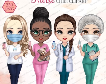 Nurse Chibi Clipart: Healthcare PNG Graphics (Digital Download)