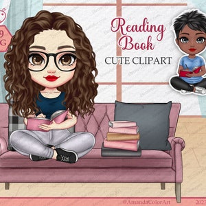 Reading book clipart, Bookworm Girl Planner Files, Selfcare Stay at Home, book lover clipart, chibi clipart, Personalized clipart