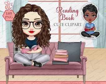 May include: Two cartoon girls sitting on a pink couch reading books. One girl has brown curly hair and is wearing glasses. The other girl has short black hair and is wearing a blue shirt. The couch has a gray pillow and a stack of books on it. The text "Reading Book CUTE CLIPART" is above the couch.