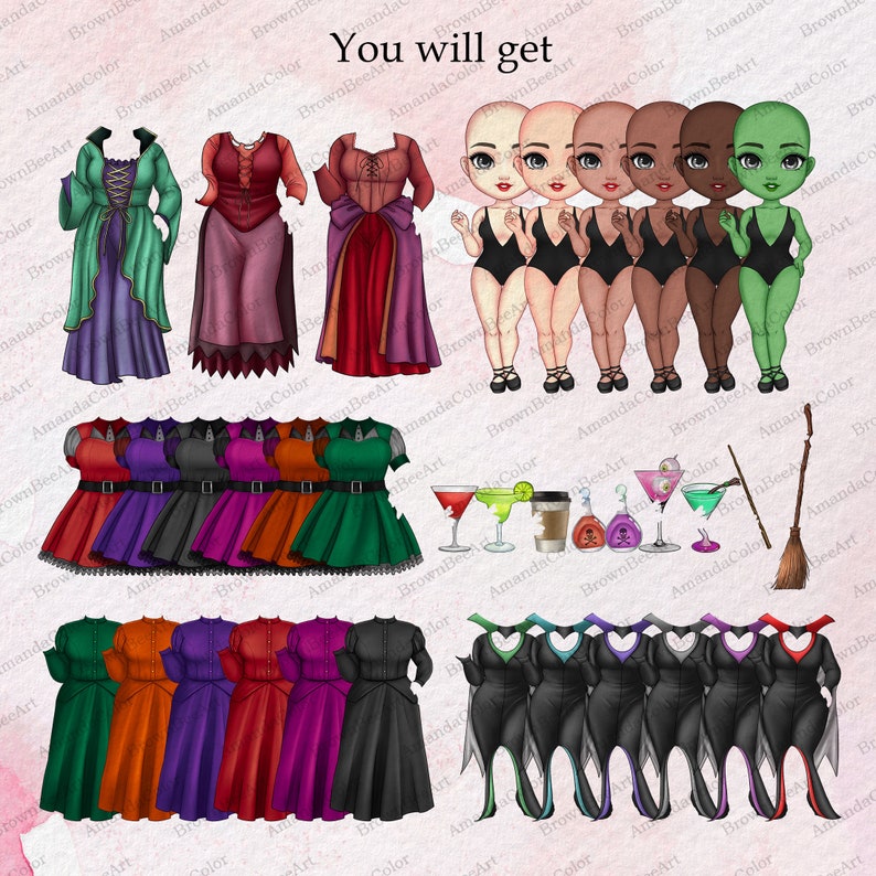 Personalizable Lovely Sisters Halloween Clipart, Best Witches clipart, Bestie clipart, Halloween Clipart Collection, Chibi clipart image 4